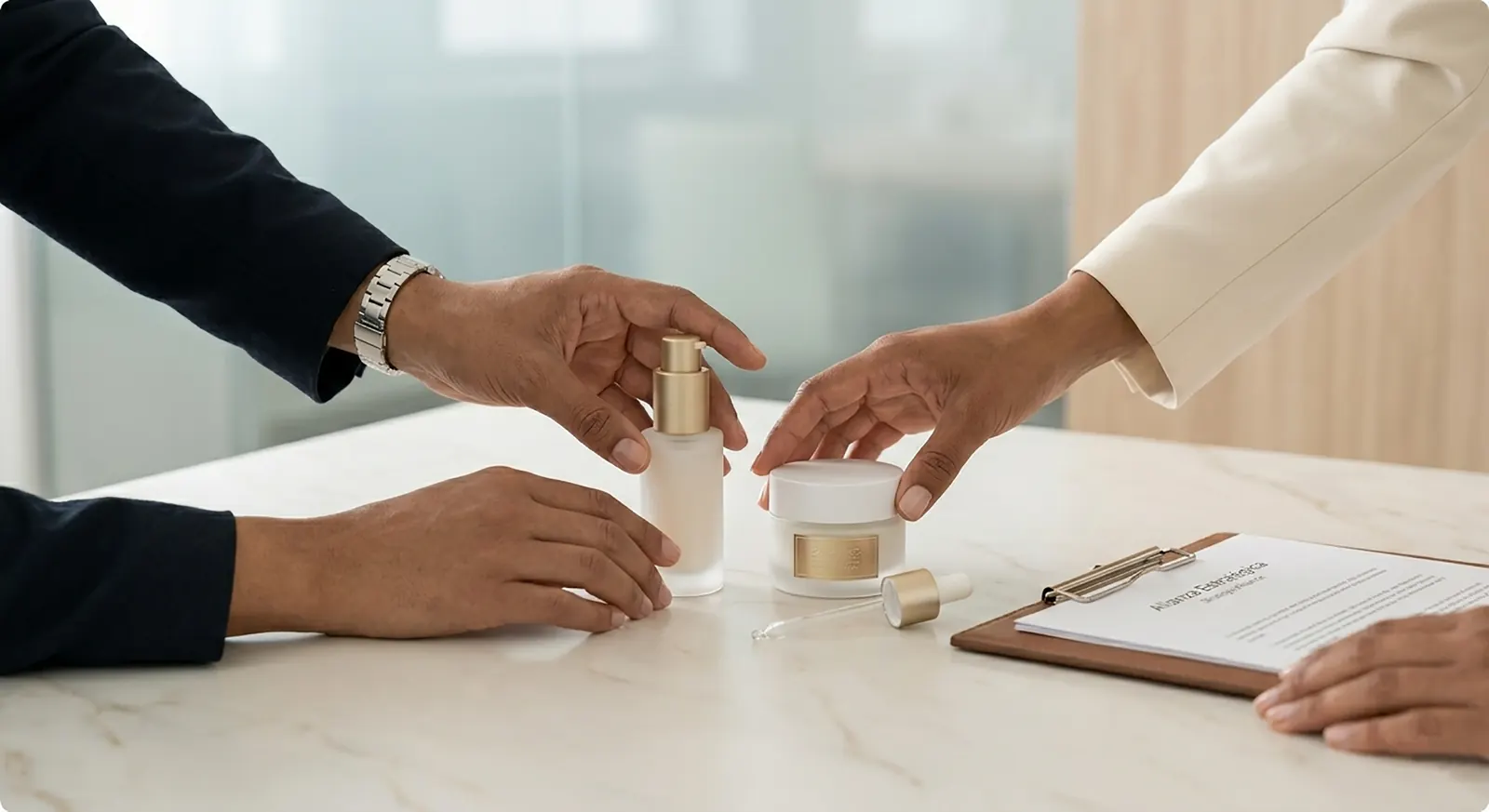 Dos profesionales sellando una alianza comercial sobre una mesa de mármol con productos cosméticos