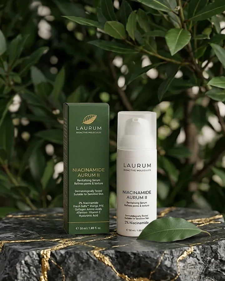 NIACINAMIDE AURUM II de LAURUM: estuche verde y envase blanco entre hojas de laurel