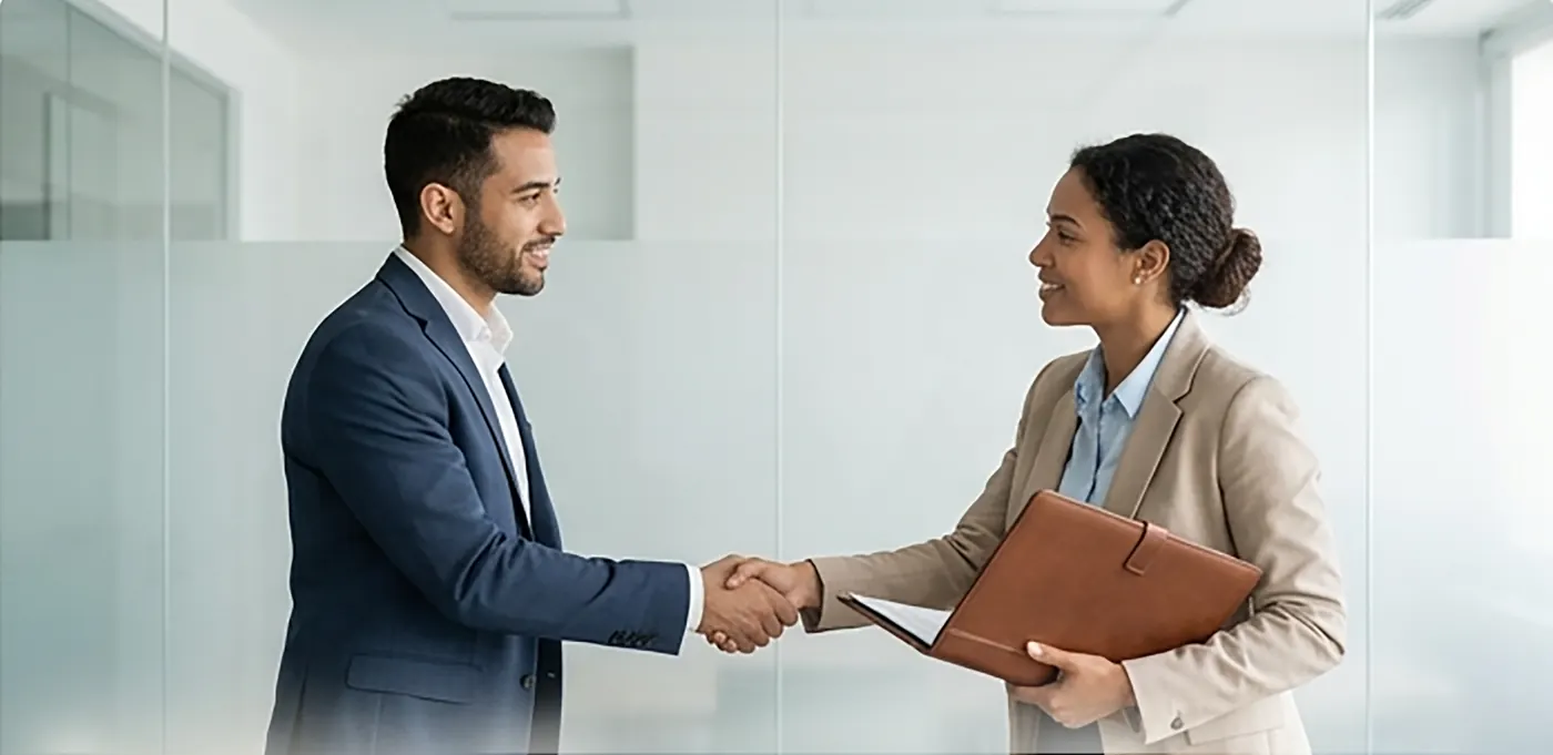 Apretón de manos entre dos profesionales en una oficina luminosa